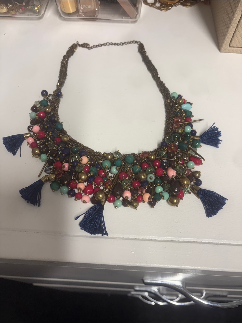 Free People Multicolor Beaded Tassel Necklace - Navy, Turquoise & Pink